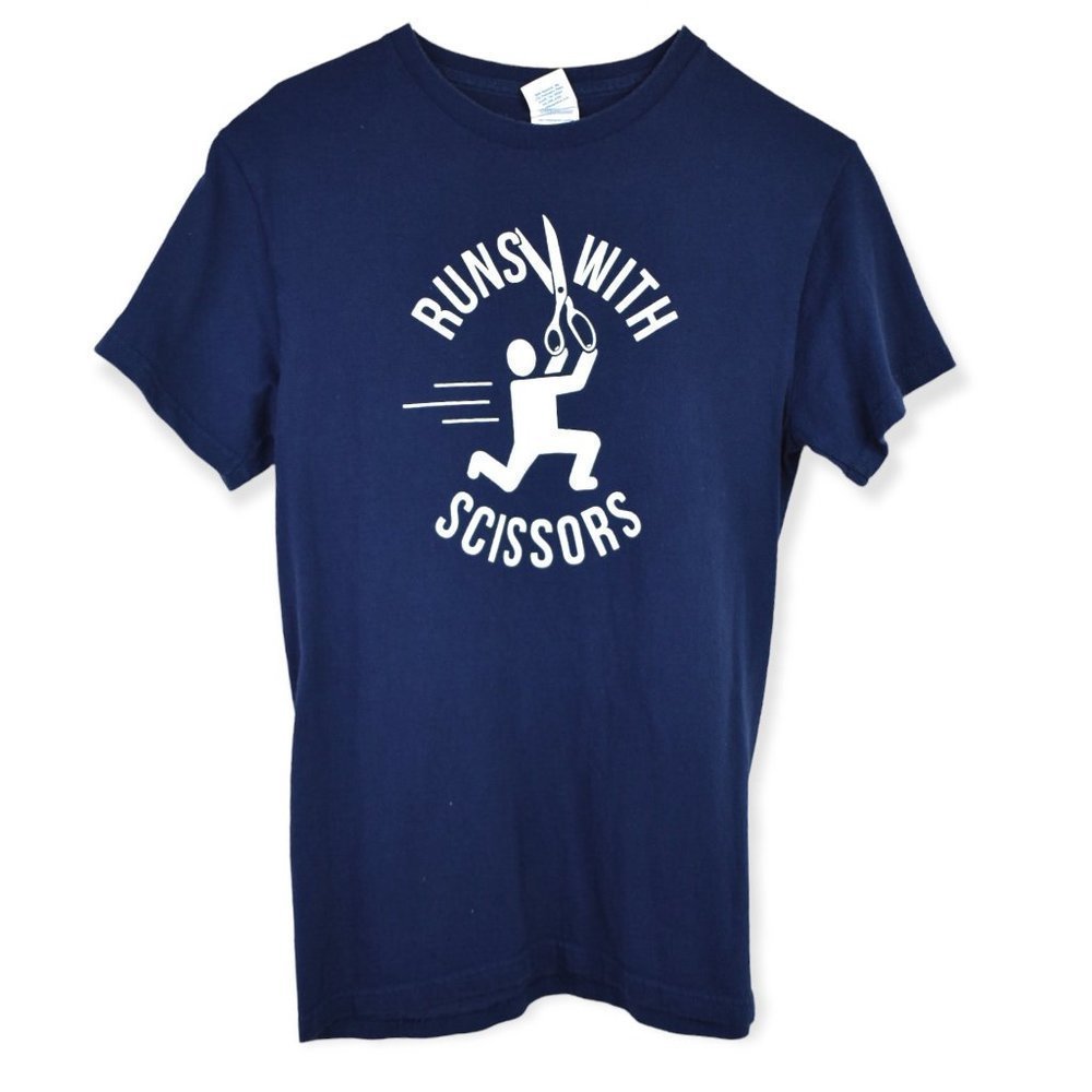 Runs With Scissors Shirt S Womens Navy Graphic Tee Short Sleeve Crew Neck